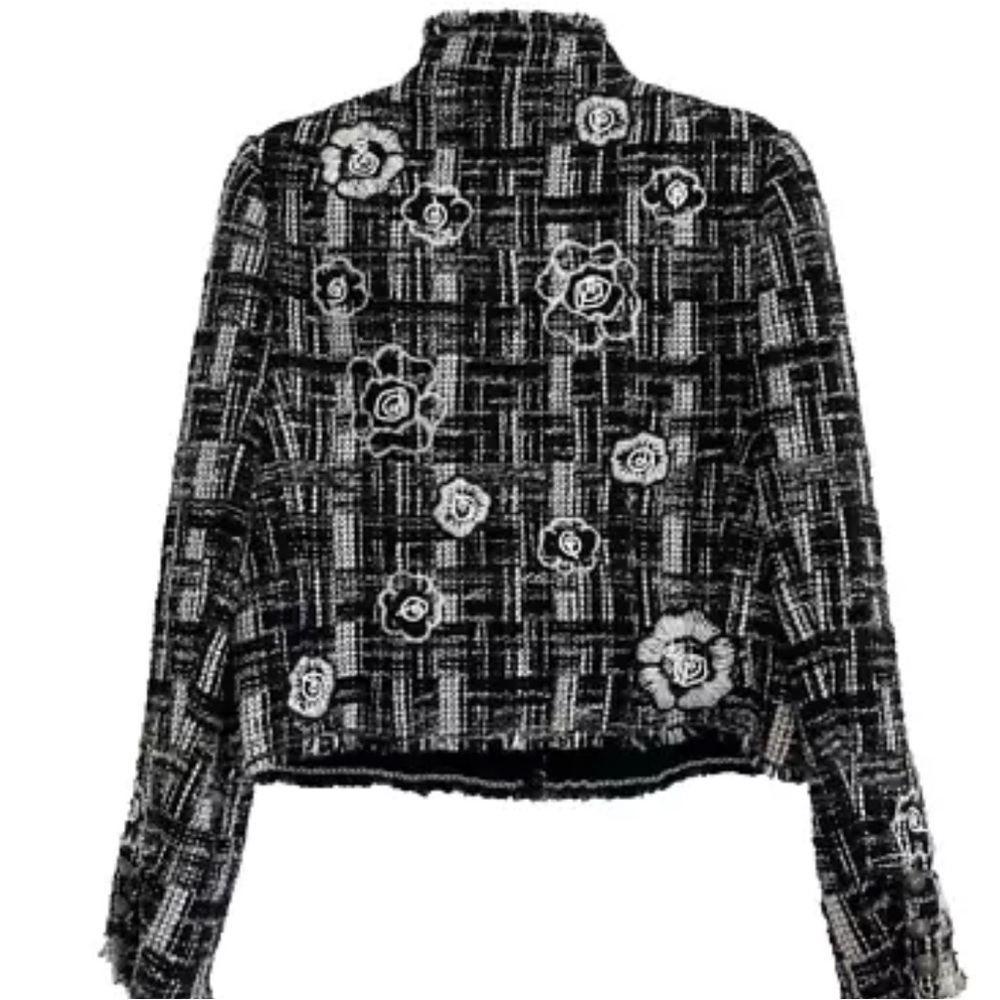 Vintage Carlisle Tweed Embroidered Floral Jacket Black & White Mock Collar Sz 2 - Picture 7 of 8